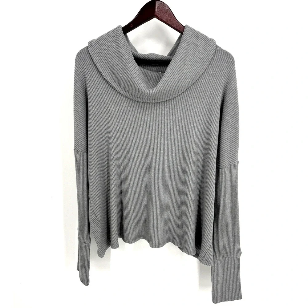 Lucky Brand Size Large Cowl Neck Ribbed Sweater Knit Top Gray Crossover Back NEW